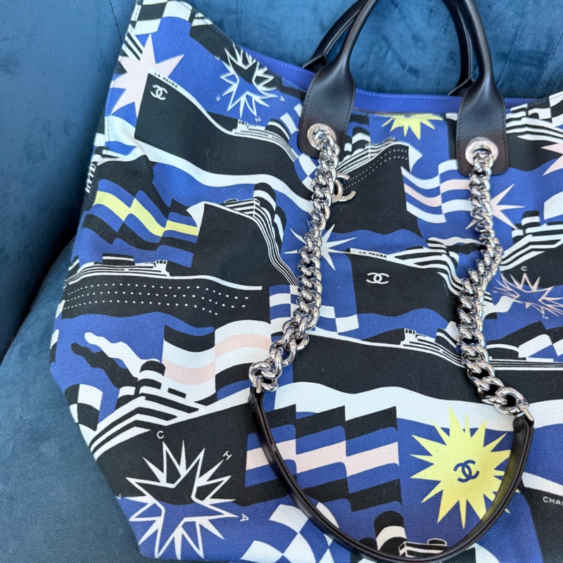 Chanel✨2019C 牛仔布郵輪塗鴉沙灘包購物包托特包 27開-7