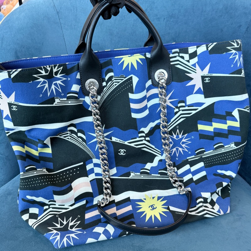 Chanel✨2019C 牛仔布郵輪塗鴉沙灘包購物包托特包 27開-10