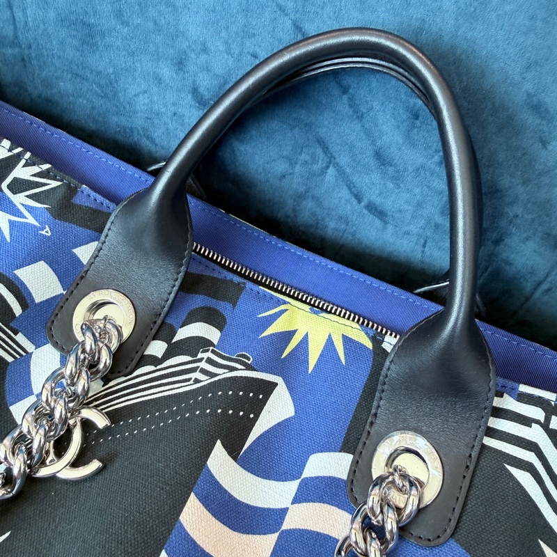 Chanel✨2019C 牛仔布郵輪塗鴉沙灘包購物包托特包 27開-13