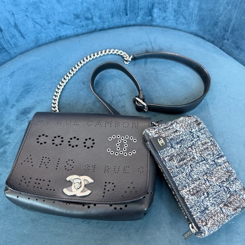 Chanel✨黑銀鏤空鏈條包斜背包腰包子母包 台灣購證
