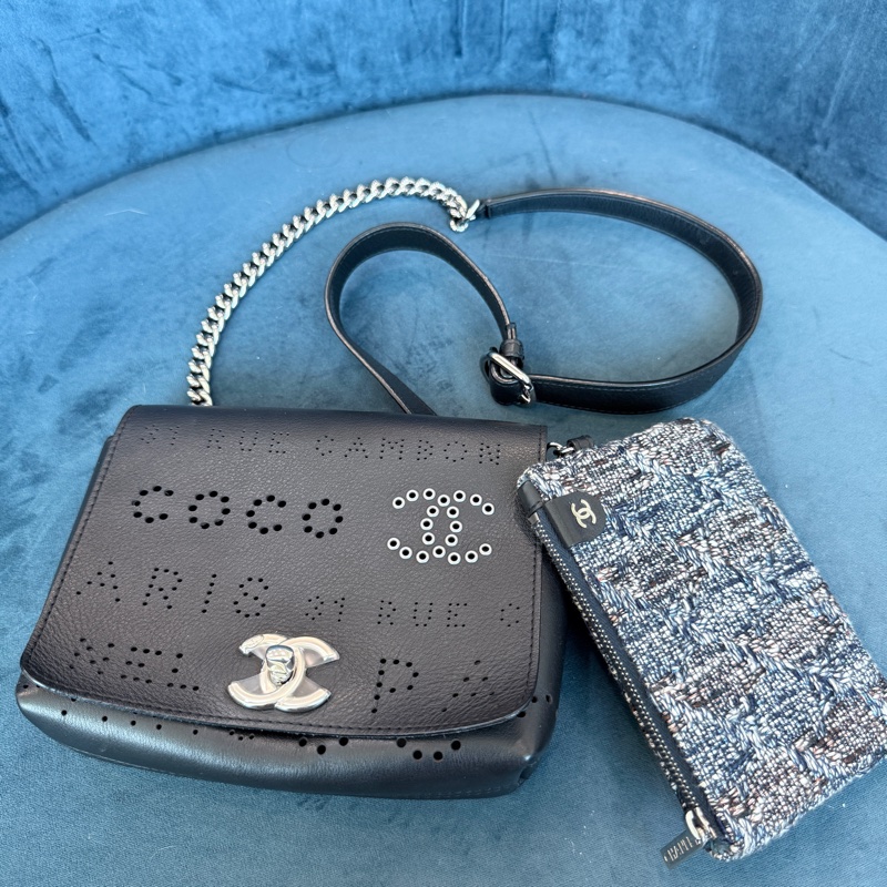 Chanel✨黑銀鏤空鏈條包斜背包腰包子母包 台灣購證-12