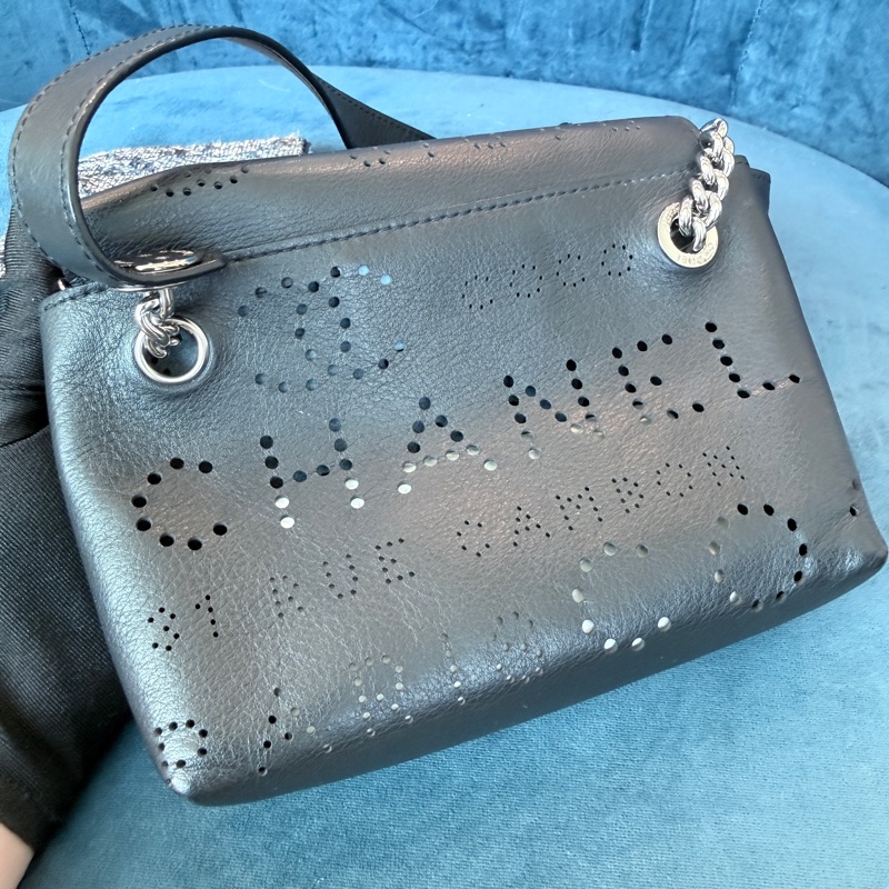 Chanel✨黑銀鏤空鏈條包斜背包腰包子母包 台灣購證-15