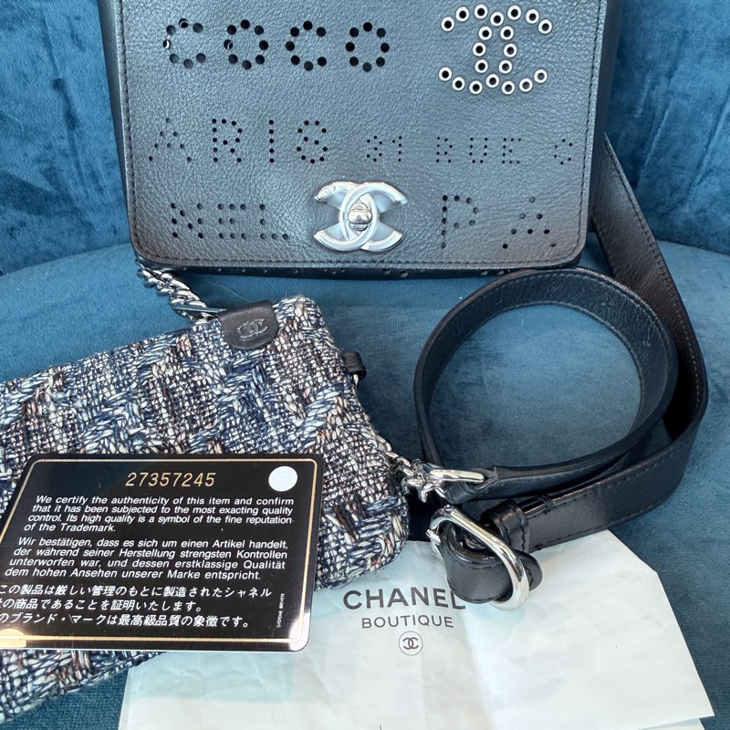 Chanel✨黑銀鏤空鏈條包斜背包腰包子母包 台灣購證-38