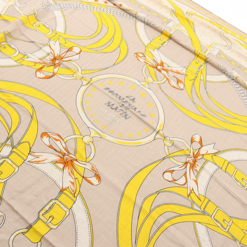 Euma Carre 140 LA PROMENADE DU MATIN 絲巾披肩,真絲羊絨混紡,米色,二手-1