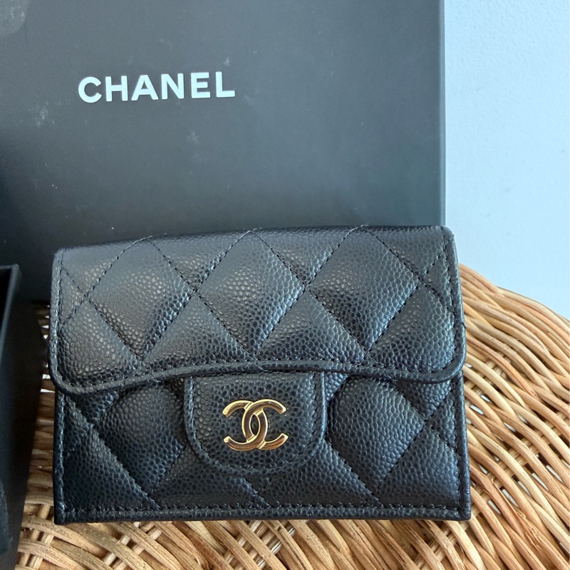 二手CHANEL黑色荔枝皮金釦小型三折短夾AP0230-1