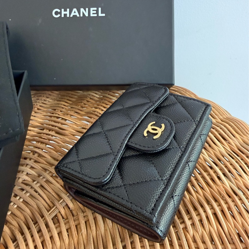 二手CHANEL黑色荔枝皮金釦小型三折短夾AP0230-3