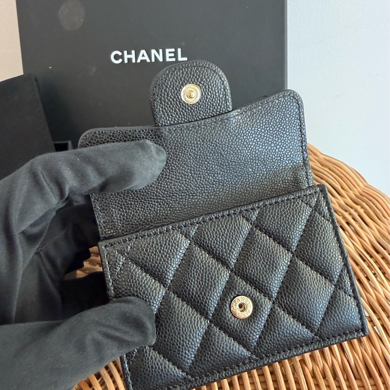 二手CHANEL黑色荔枝皮金釦小型三折短夾AP0230-7