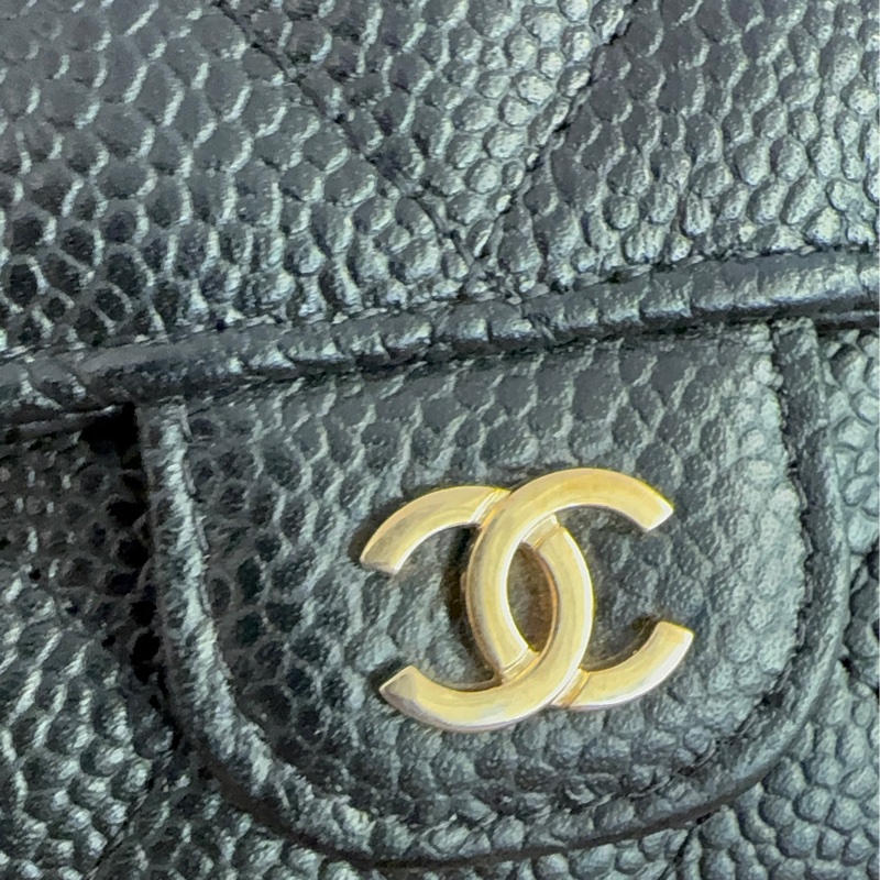 二手真品CHANEL黑色荔枝皮金釦coco翻蓋長夾AP0241-1