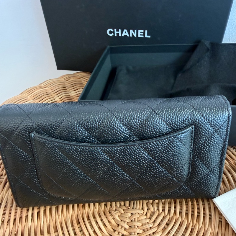 二手真品CHANEL黑色荔枝皮金釦coco翻蓋長夾AP0241-2