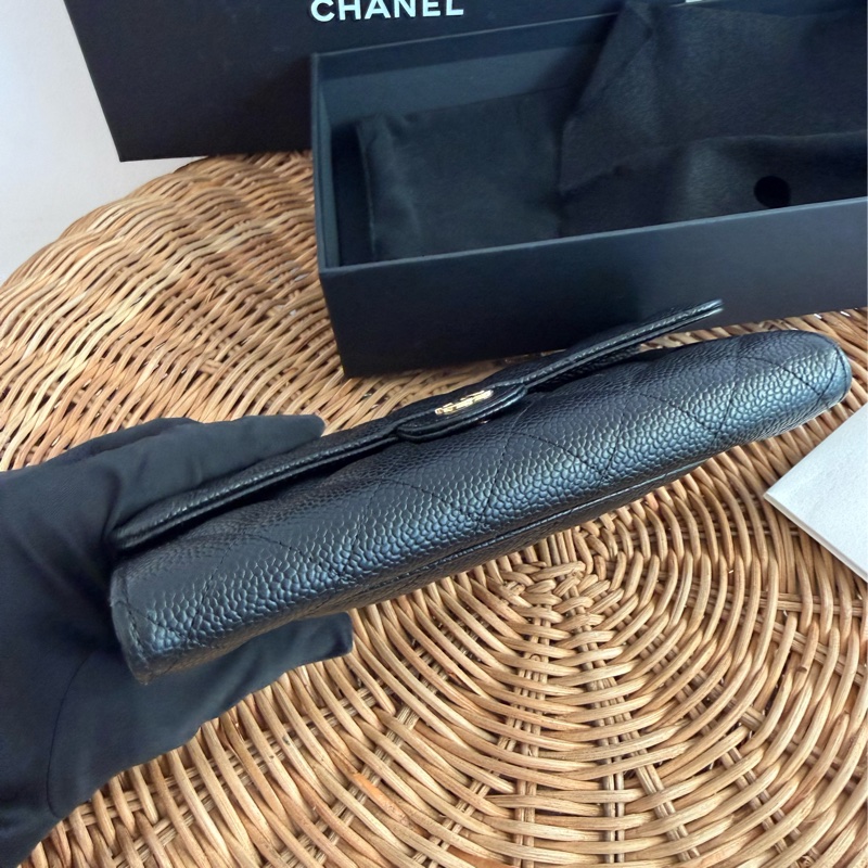 二手真品CHANEL黑色荔枝皮金釦coco翻蓋長夾AP0241-4