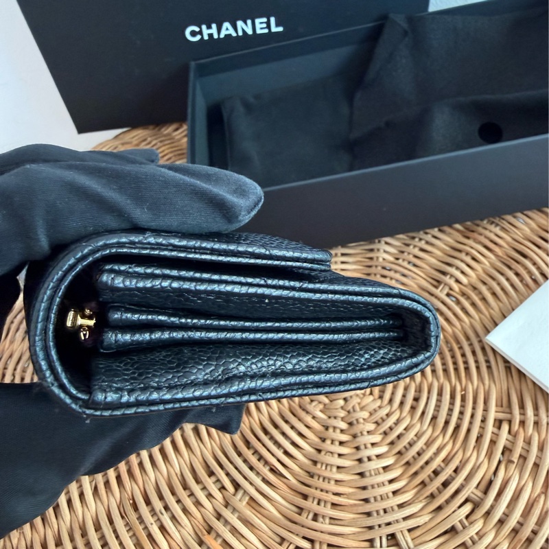 二手真品CHANEL黑色荔枝皮金釦coco翻蓋長夾AP0241-5