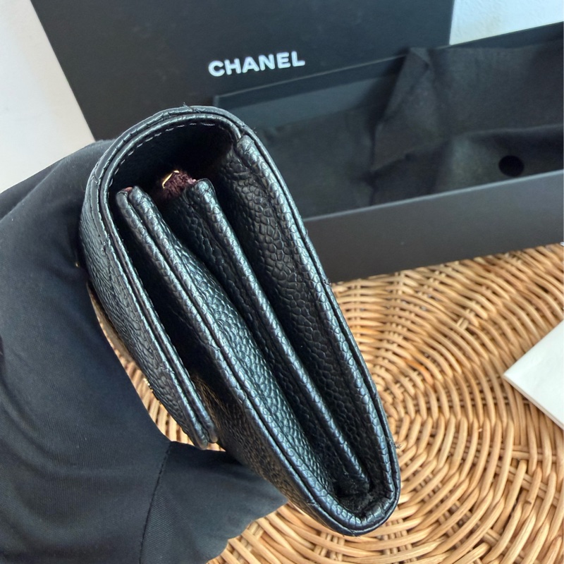 二手真品CHANEL黑色荔枝皮金釦coco翻蓋長夾AP0241-6