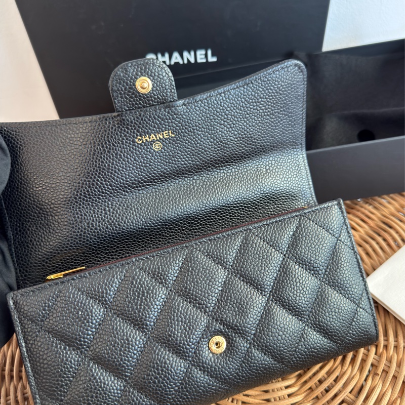 二手真品CHANEL黑色荔枝皮金釦coco翻蓋長夾AP0241-7