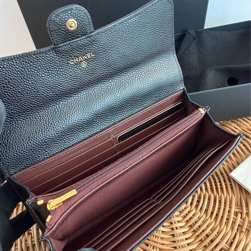 二手真品CHANEL黑色荔枝皮金釦coco翻蓋長夾AP0241-8