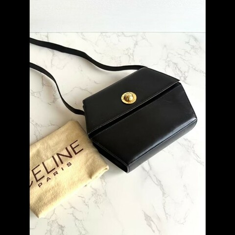 【LA LUNE】稀有中古包 Celine黑金星球幾何盒子包 斜背包 單肩包 側背包古董