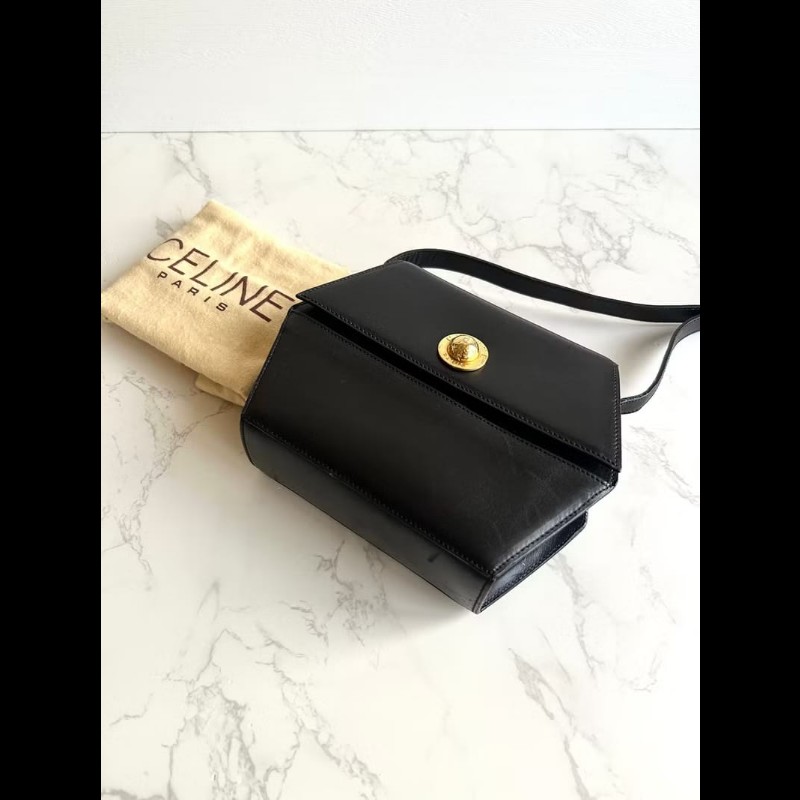 【LA LUNE】稀有中古包 Celine黑金星球幾何盒子包 斜背包 單肩包 側背包古董-1