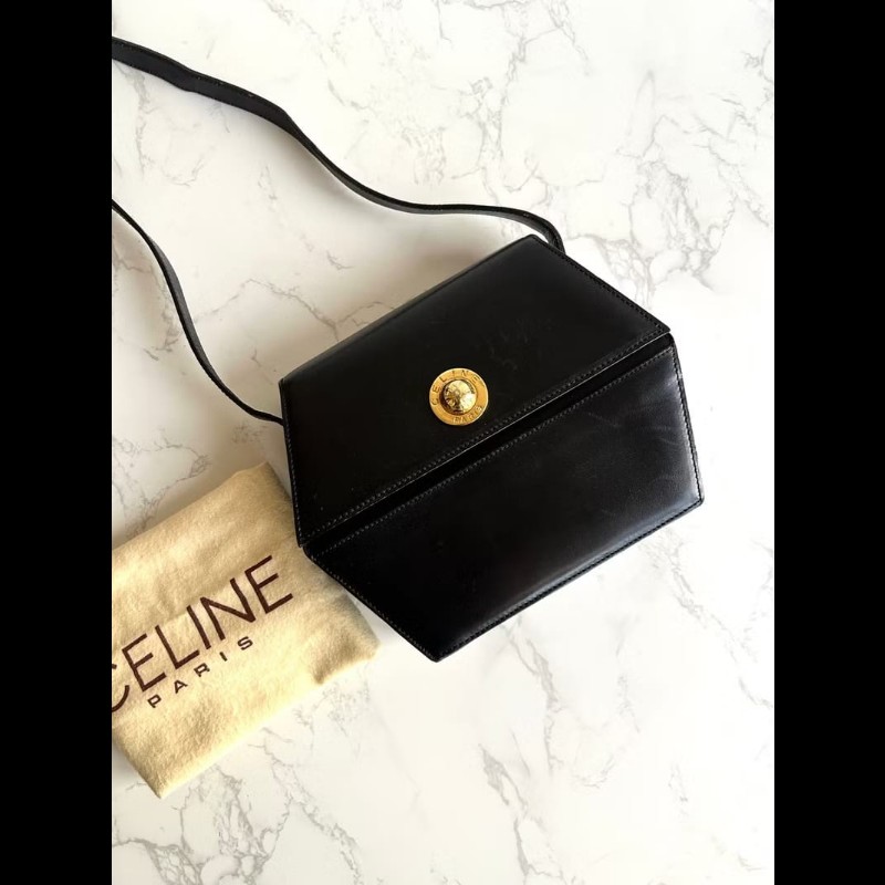 【LA LUNE】稀有中古包 Celine黑金星球幾何盒子包 斜背包 單肩包 側背包古董-2