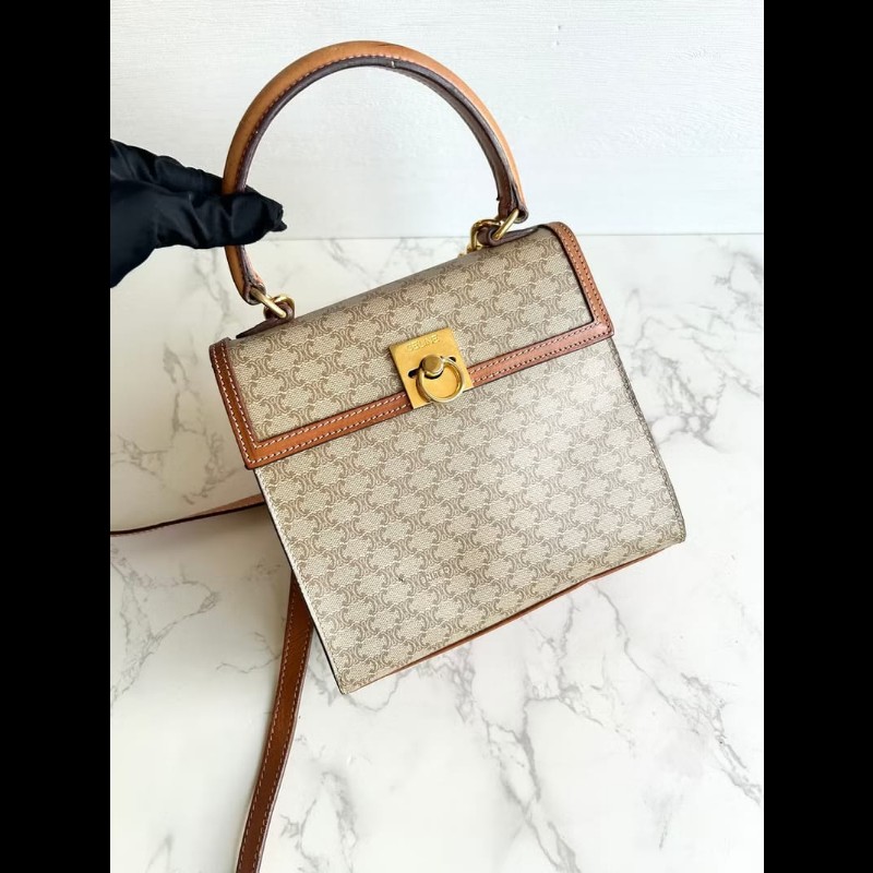 【LA LUNE】絕版中古包 Celine米咖色老花小號凱莉 斜背包 單肩包 側背包古董-0