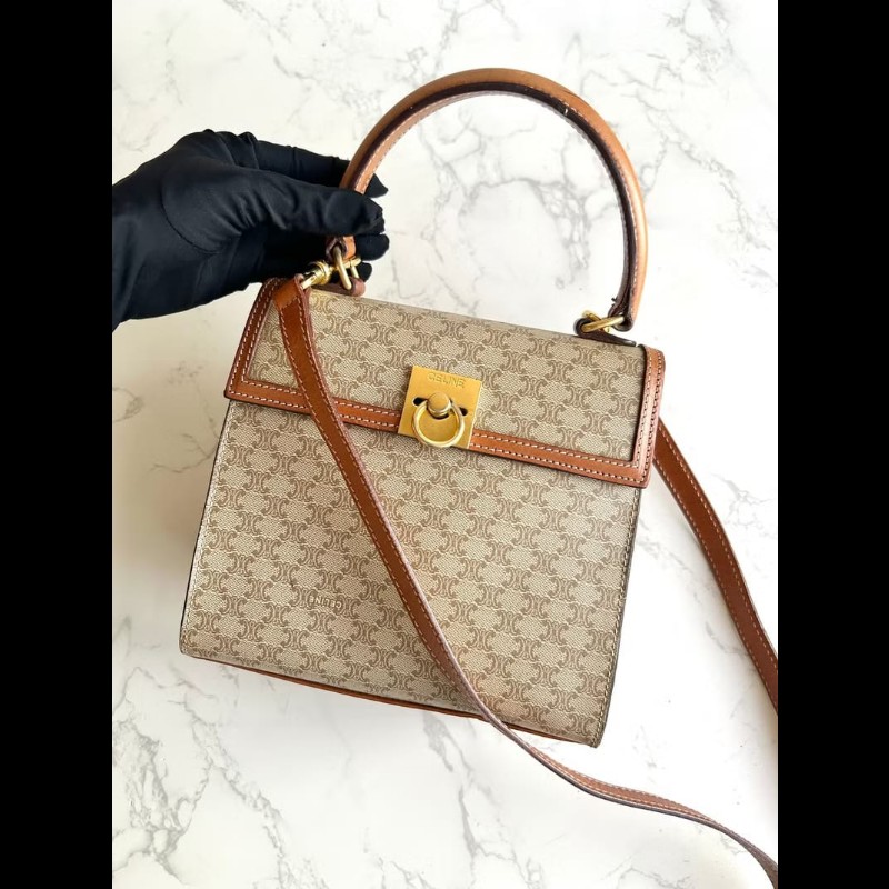 【LA LUNE】絕版中古包 Celine米咖色老花小號凱莉 斜背包 單肩包 側背包古董-1