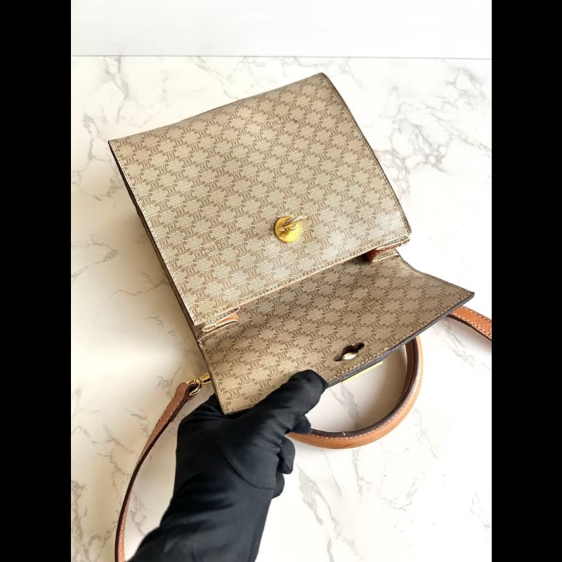 【LA LUNE】絕版中古包 Celine米咖色老花小號凱莉 斜背包 單肩包 側背包古董-5