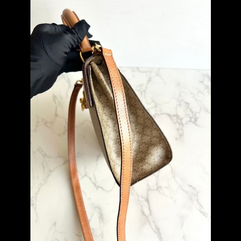 【LA LUNE】絕版中古包 Celine米咖色老花小號凱莉 斜背包 單肩包 側背包古董-6