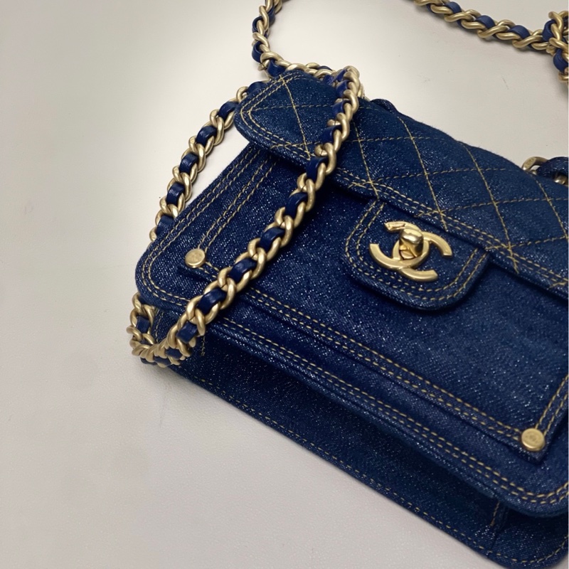 Chanel 23S 牛仔郵差 小號 牛仔藍➕外縫金絲-3