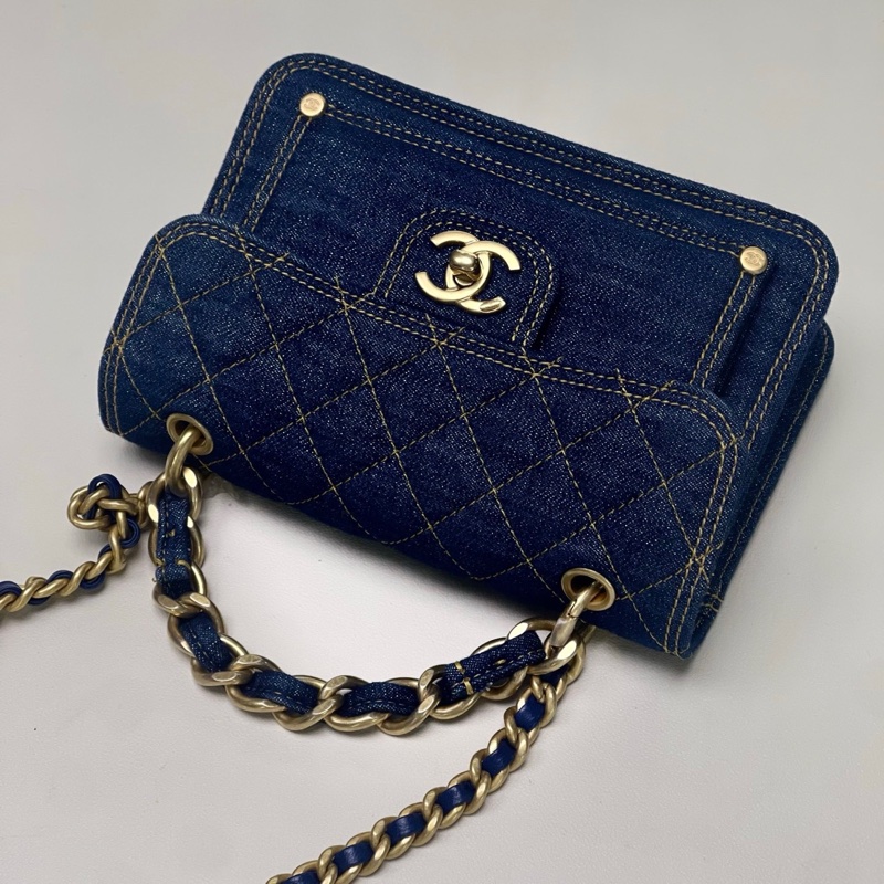 Chanel 23S 牛仔郵差 小號 牛仔藍➕外縫金絲-5