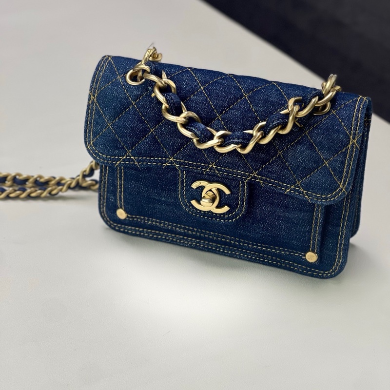 Chanel 23S 牛仔郵差 小號 牛仔藍➕外縫金絲-7