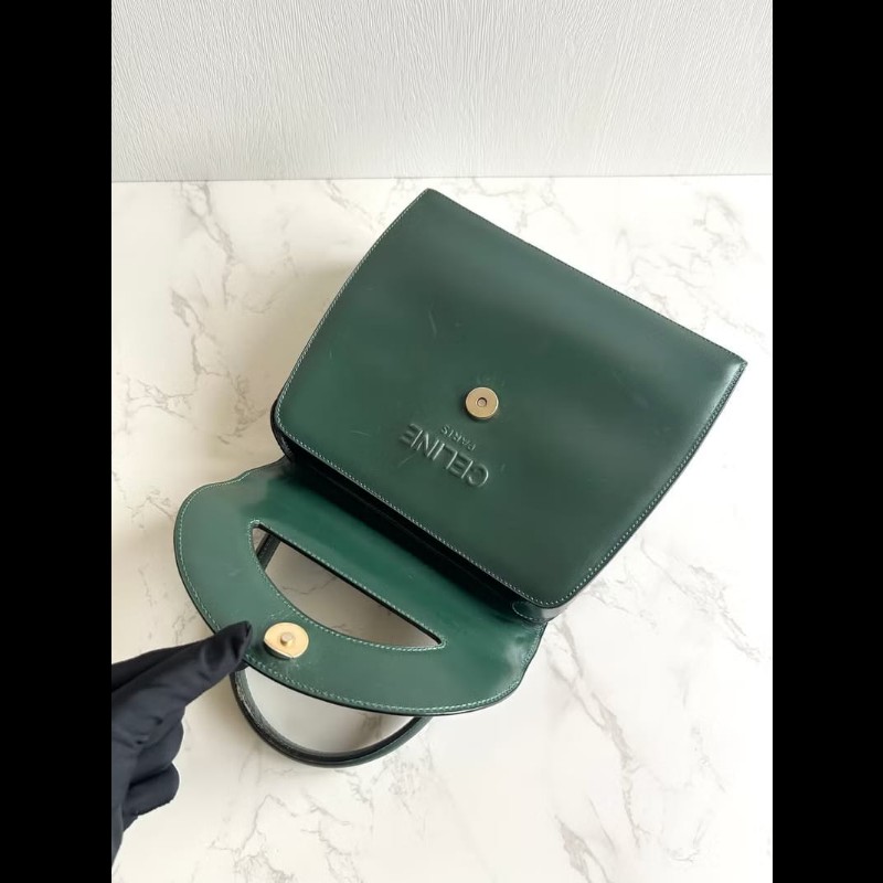 【LA LUNE】絕版中古包 Celine橄欖綠色半月凱莉包 斜背包 單肩包 側背包古董-4