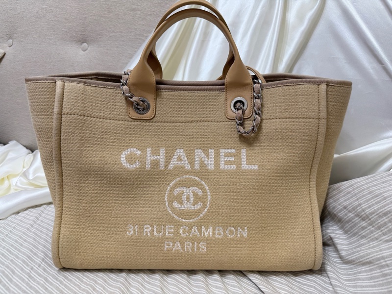 香奈兒 CHANEL 奶茶色大號海灘包 晶片款 DEAUVILLE GM-0