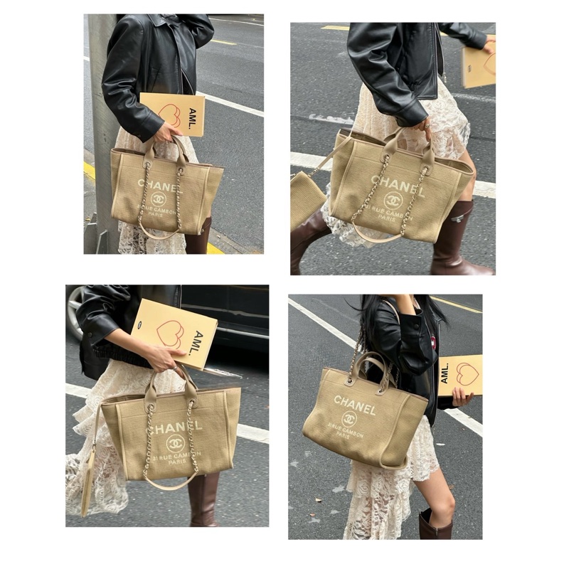 香奈兒 CHANEL 奶茶色大號海灘包 晶片款 DEAUVILLE GM-7