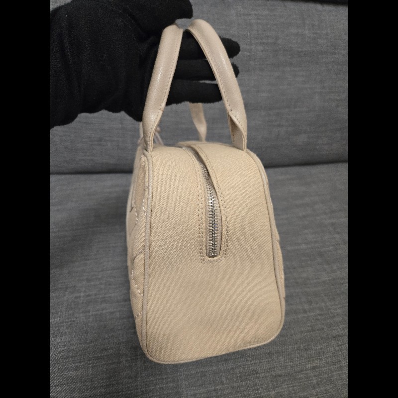 Chanel 香奈兒 奶油色帆布菱格紋大雙C流蘇包 保齡球包 波士頓包-9