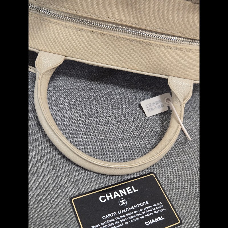 Chanel 香奈兒 奶油色帆布菱格紋大雙C流蘇包 保齡球包 波士頓包-14