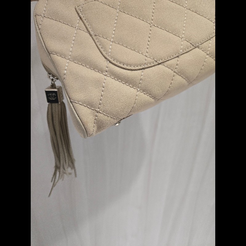 Chanel 香奈兒 奶油色帆布菱格紋大雙C流蘇包 保齡球包 波士頓包-33