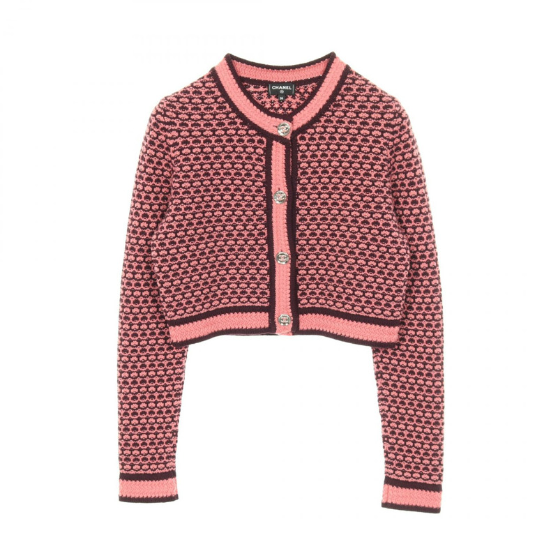 香奈兒 COCO 標誌紐扣開襟衫 #36 針織衫 P75450K10791 羊絨粉紅 二手-0