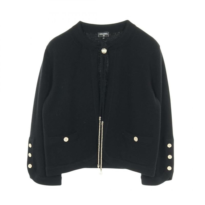 香奈兒 COCO 標誌紐扣開襟衫 #38 針織衫 P80099K11545 羊絨 黑色 二手-0