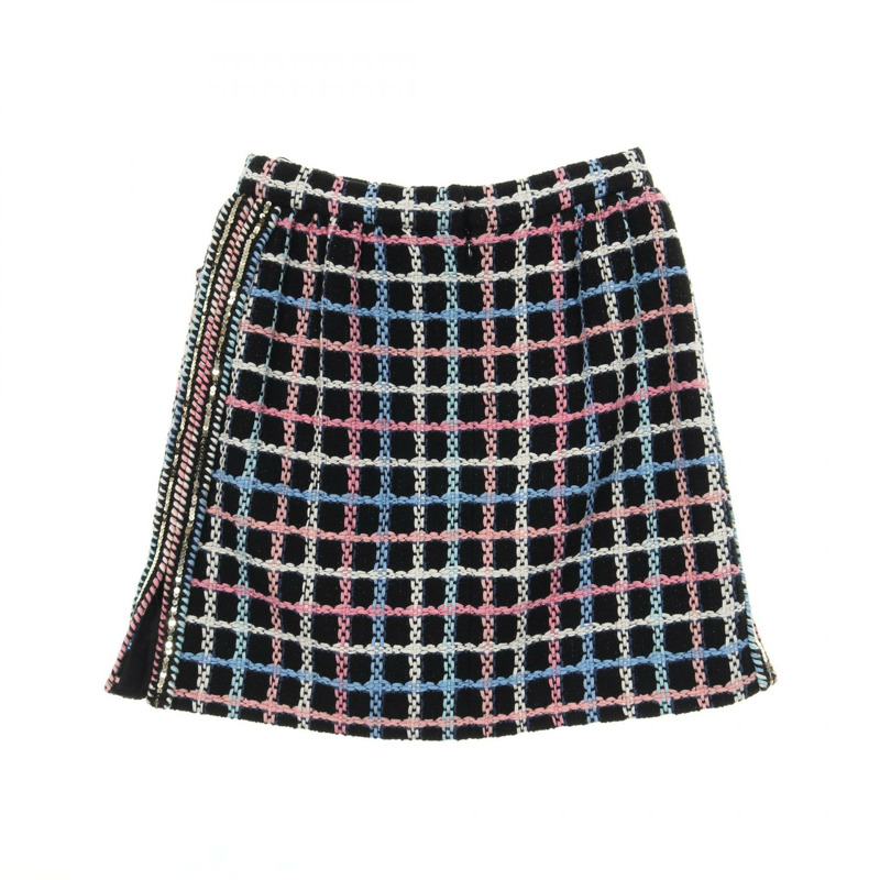 香奈兒 COCO 標誌紐扣斜紋軟呢迷你裙 #34 P72501V64261 棉尼龍 黑色-1