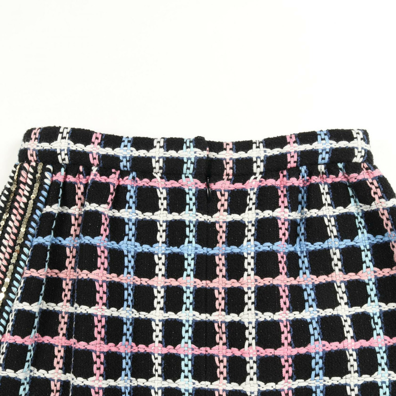 香奈兒 COCO 標誌紐扣斜紋軟呢迷你裙 #34 P72501V64261 棉尼龍 黑色-5