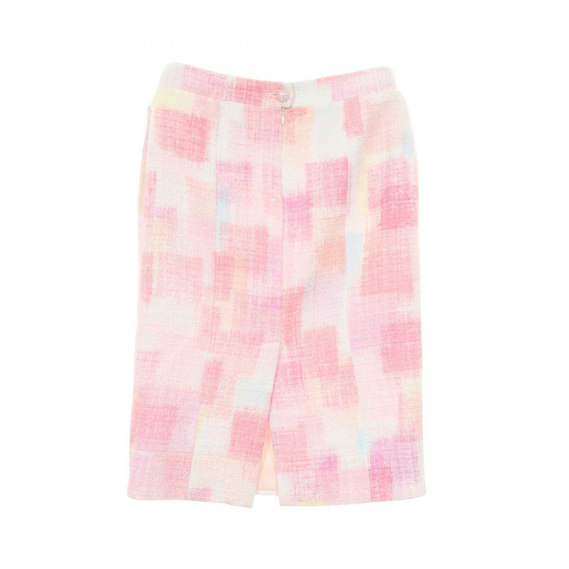 香奈兒 COCO 標誌紐帶斜紋軟呢半身裙 #38 P74819V66232 棉 粉紅 白色 二手 CC-1