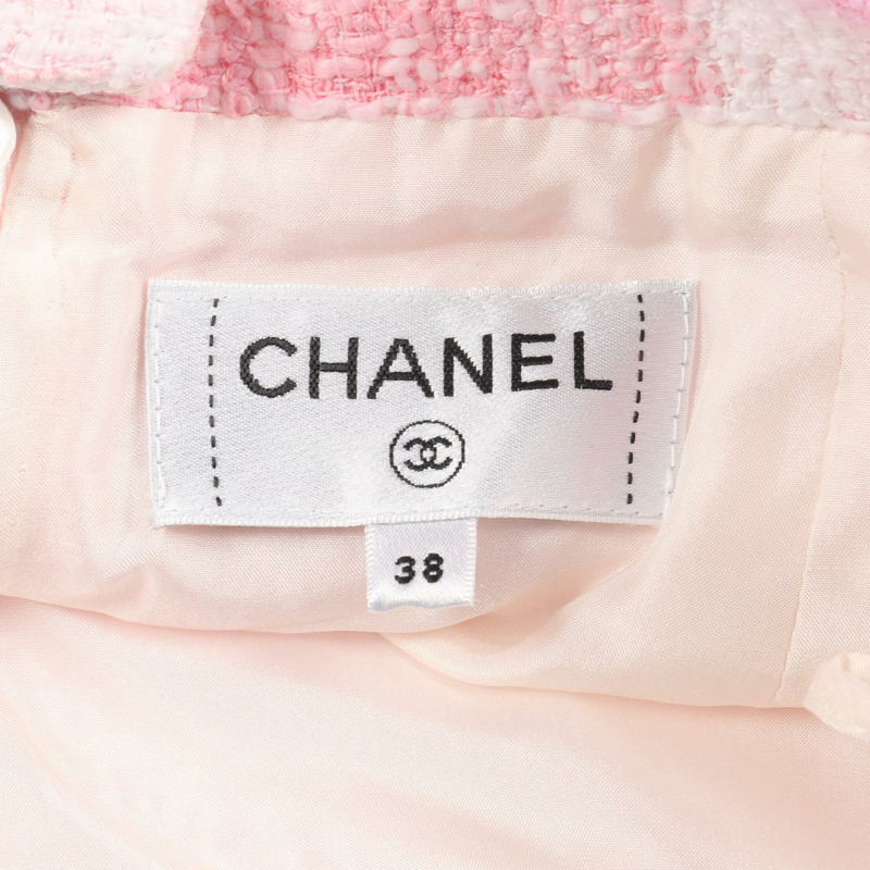 香奈兒 COCO 標誌紐帶斜紋軟呢半身裙 #38 P74819V66232 棉 粉紅 白色 二手 CC-2