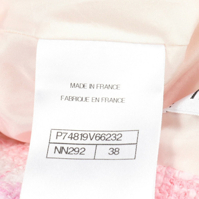 香奈兒 COCO 標誌紐帶斜紋軟呢半身裙 #38 P74819V66232 棉 粉紅 白色 二手 CC-4