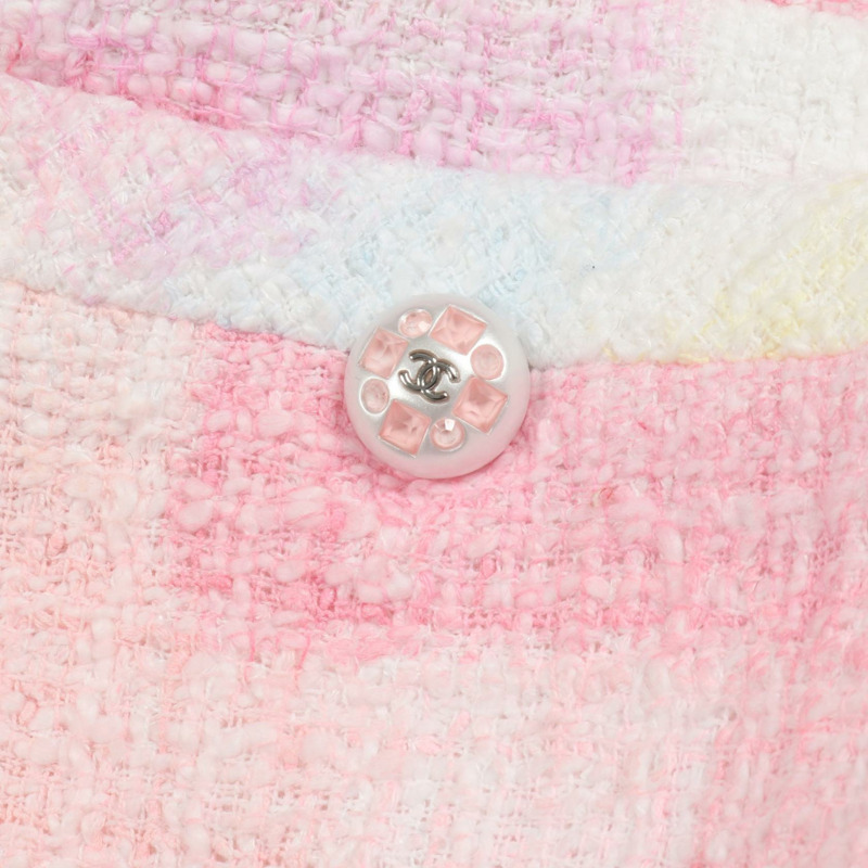 香奈兒 COCO 標誌紐帶斜紋軟呢半身裙 #38 P74819V66232 棉 粉紅 白色 二手 CC-7