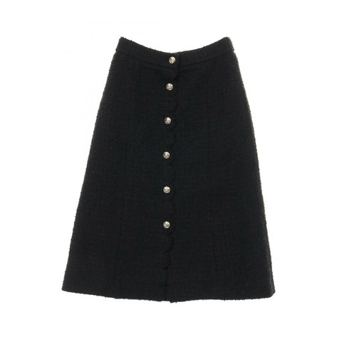 香奈兒 COCO 標誌紐扣斜紋軟呢半身裙 #34 P65321V61199 黑色羊毛二手女裝