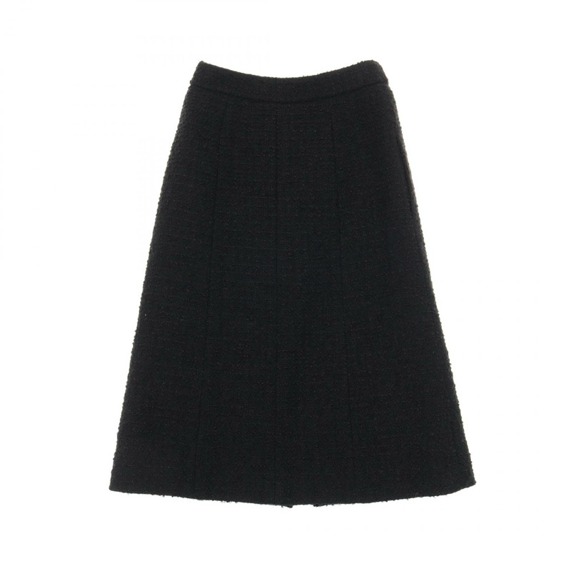 香奈兒 COCO 標誌紐扣斜紋軟呢半身裙 #34 P65321V61199 黑色羊毛二手女裝-1