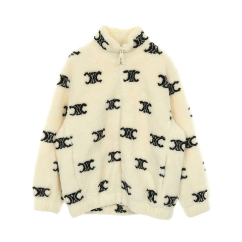 CELINE Triomphe 環保皮草拉鍊外套 2Y983389U 羊毛尼龍混紡 米色 黑色 二手 XS