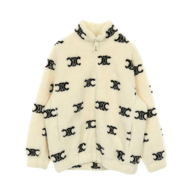 CELINE Triomphe 環保皮草拉鍊外套 2Y983389U 羊毛尼龍混紡 米色 黑色 二手 XS-0