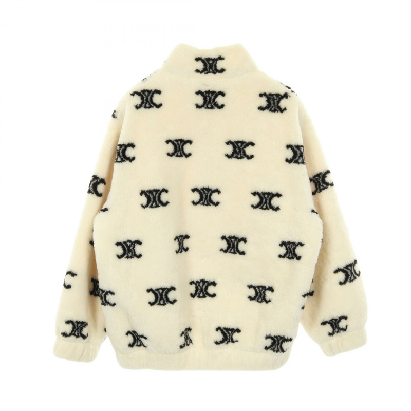 CELINE Triomphe 環保皮草拉鍊外套 2Y983389U 羊毛尼龍混紡 米色 黑色 二手 XS-1