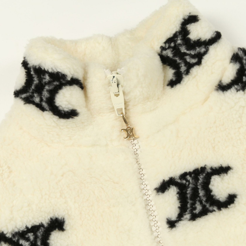 CELINE Triomphe 環保皮草拉鍊外套 2Y983389U 羊毛尼龍混紡 米色 黑色 二手 XS-7