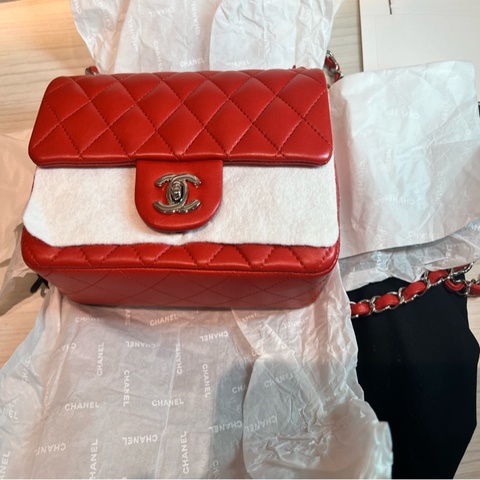 Chanel 經典 Mini Rectangular 20cm 亮橙紅銀鍊 (20系列/保卡雷標齊全/羊皮飽滿)