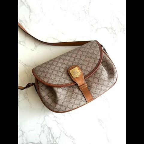 【LA LUNE】絕版中古包 Celine米色老花元寶包 斜背包 單肩包 側背包 古董包